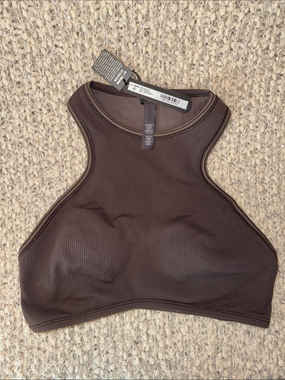 SKIMS Ribbed Seamless High-Neck Sports Bra Tank- Phoenix/Truffle